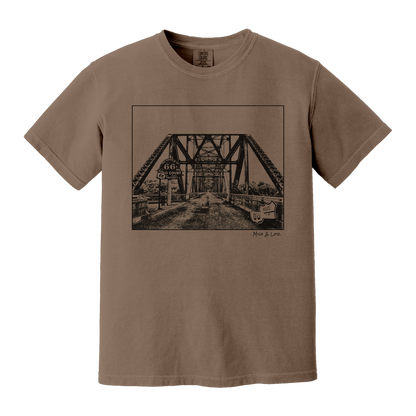 Front view of the Old Route 66 cotton t-shirt in Espresso (brown), featuring a weathered industrial-style bridge and road graphic