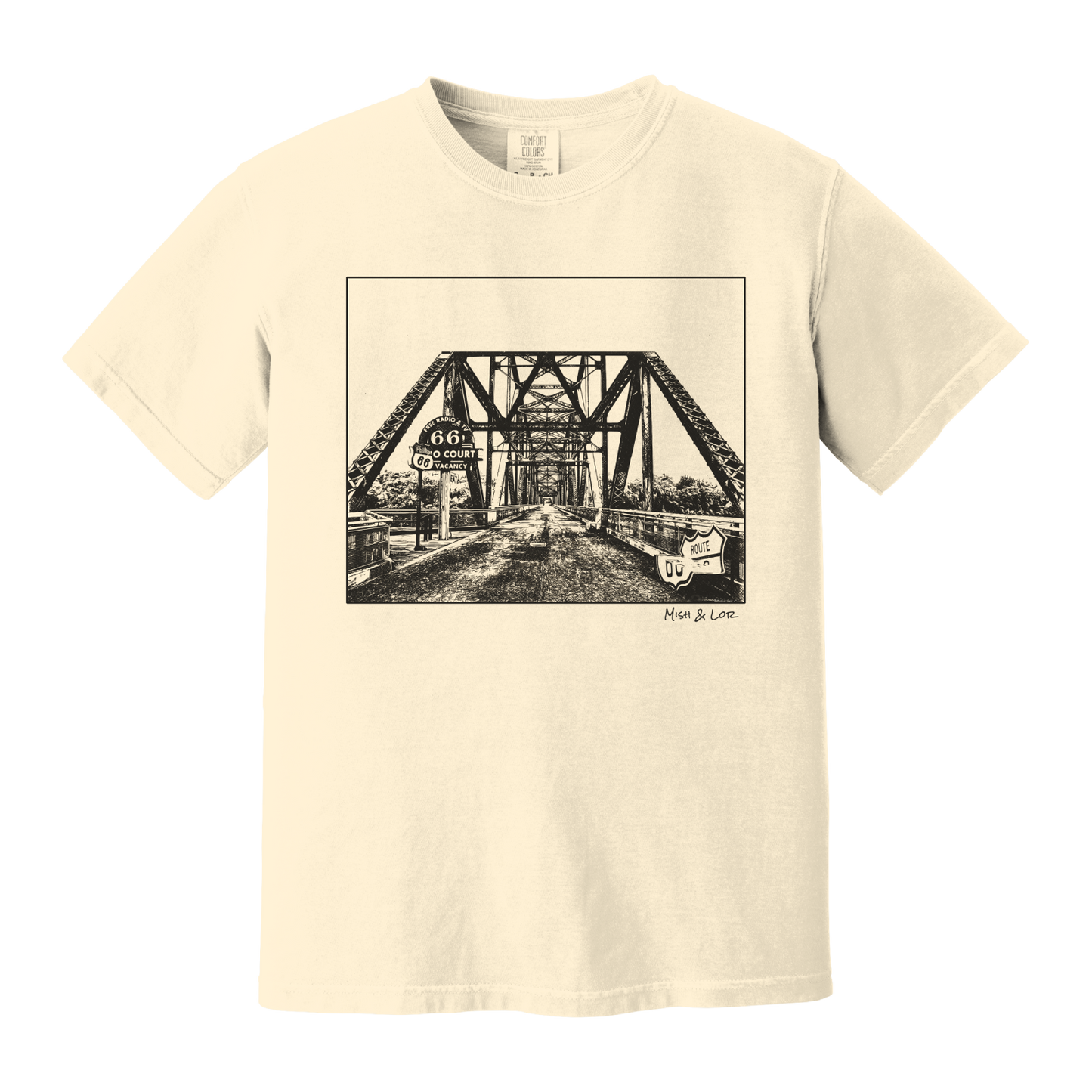 Front view of the Old Route 66 cotton t-shirt in Ivory (cream), featuring a weathered industrial-style bridge and road graphic.