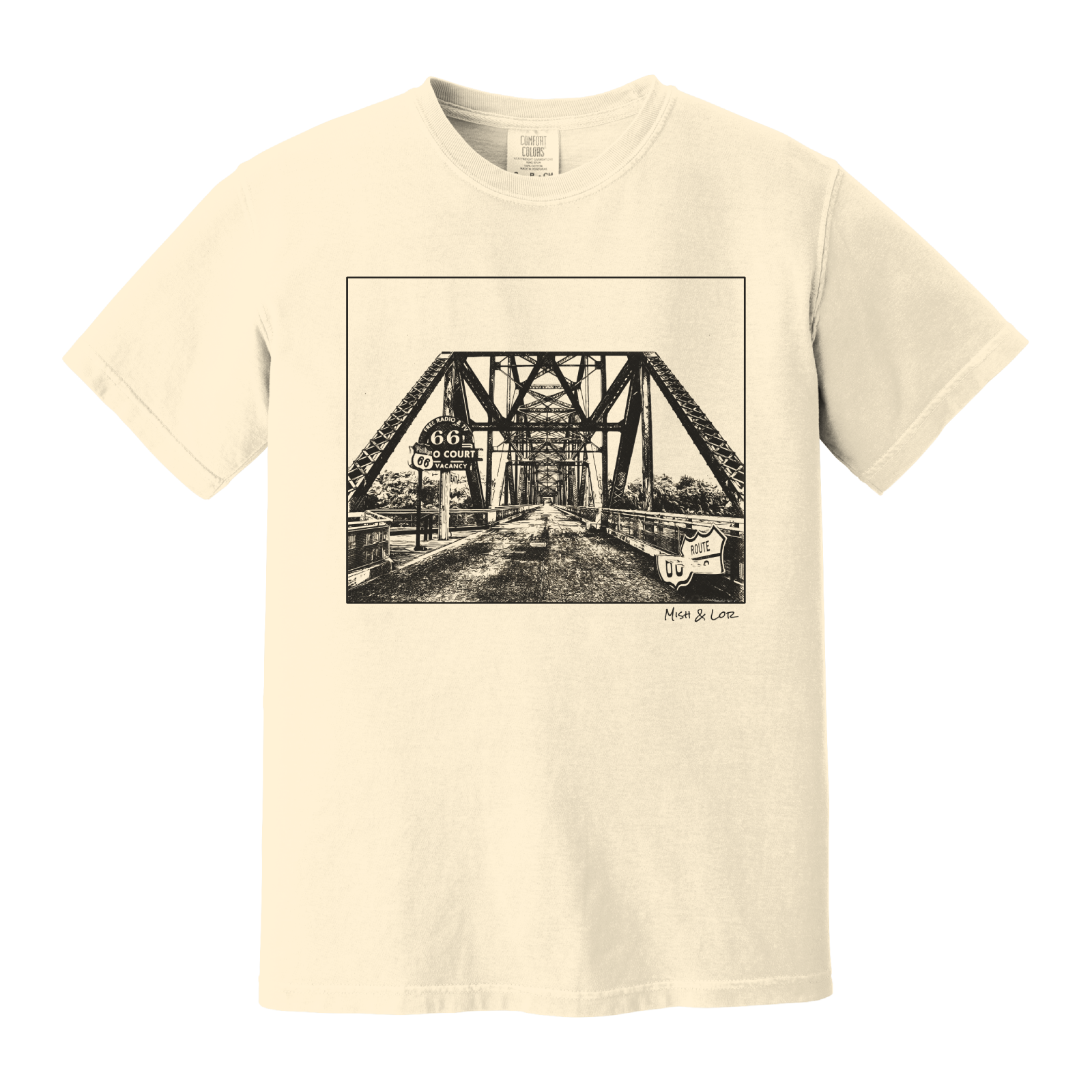 Front view of the Old Route 66 cotton t-shirt in Ivory (cream), featuring a weathered industrial-style bridge and road graphic.