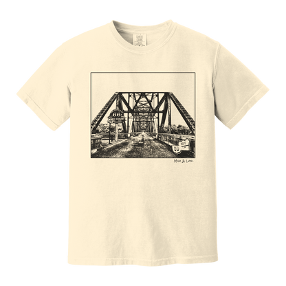 Front view of the Old Route 66 cotton t-shirt in Ivory (cream), featuring a weathered industrial-style bridge and road graphic.