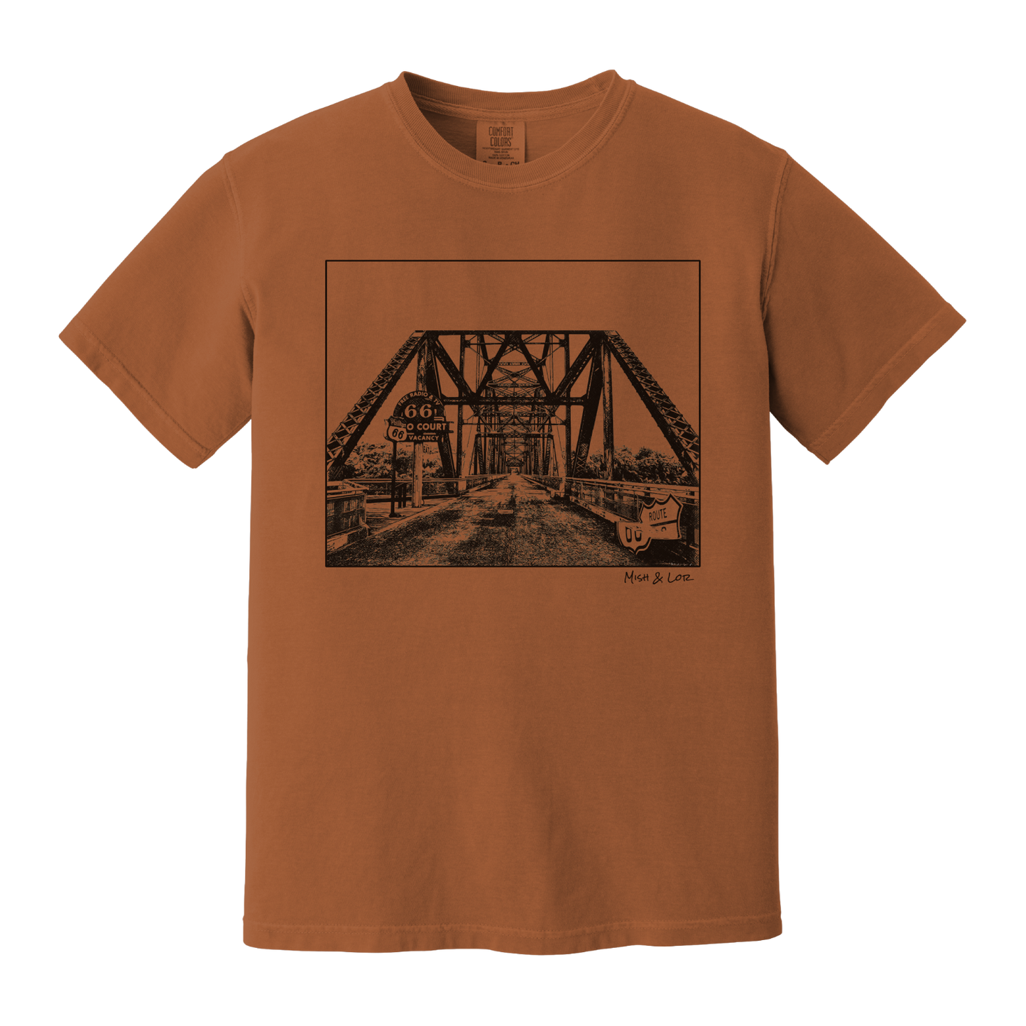 Front view of the Old Route 66 cotton t-shirt in Yam (orange), featuring a weathered industrial-style bridge and road graphic