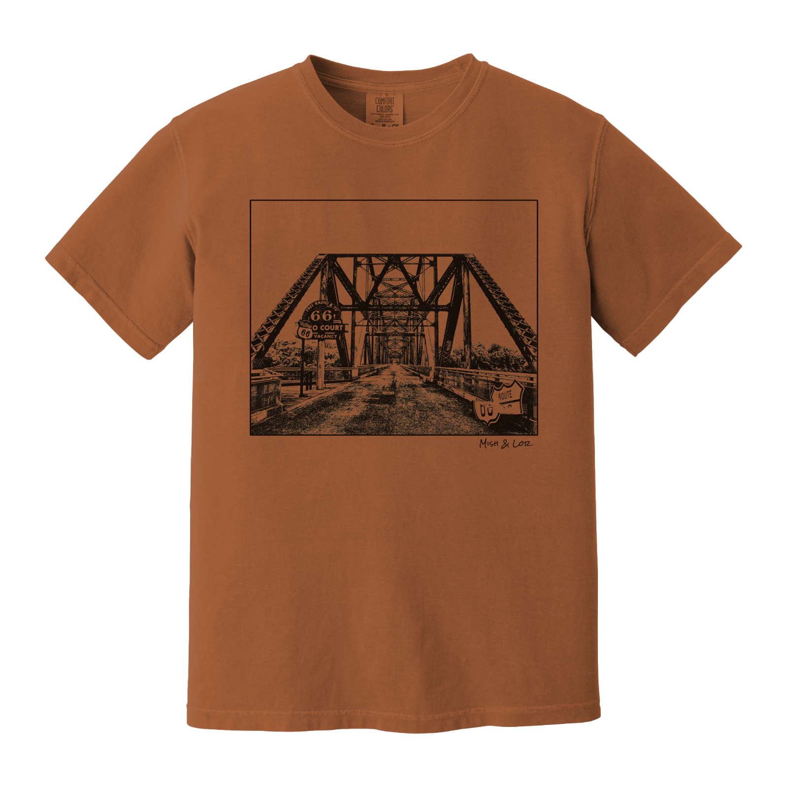 Front view of the Old Route 66 cotton t-shirt in Yam (orange), featuring a weathered industrial-style bridge and road graphic