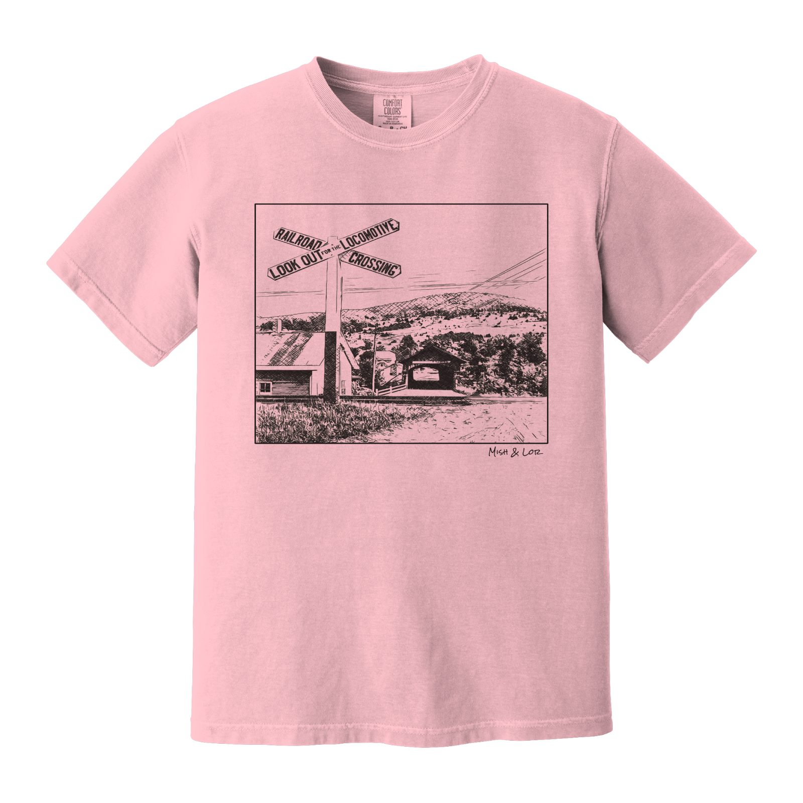 Front view of the Railroad Crossing cotton t-shirt in Blossom (pink), featuring a railroad crossing sign in front of a hillside covered bridge — a quiet Vermont scene