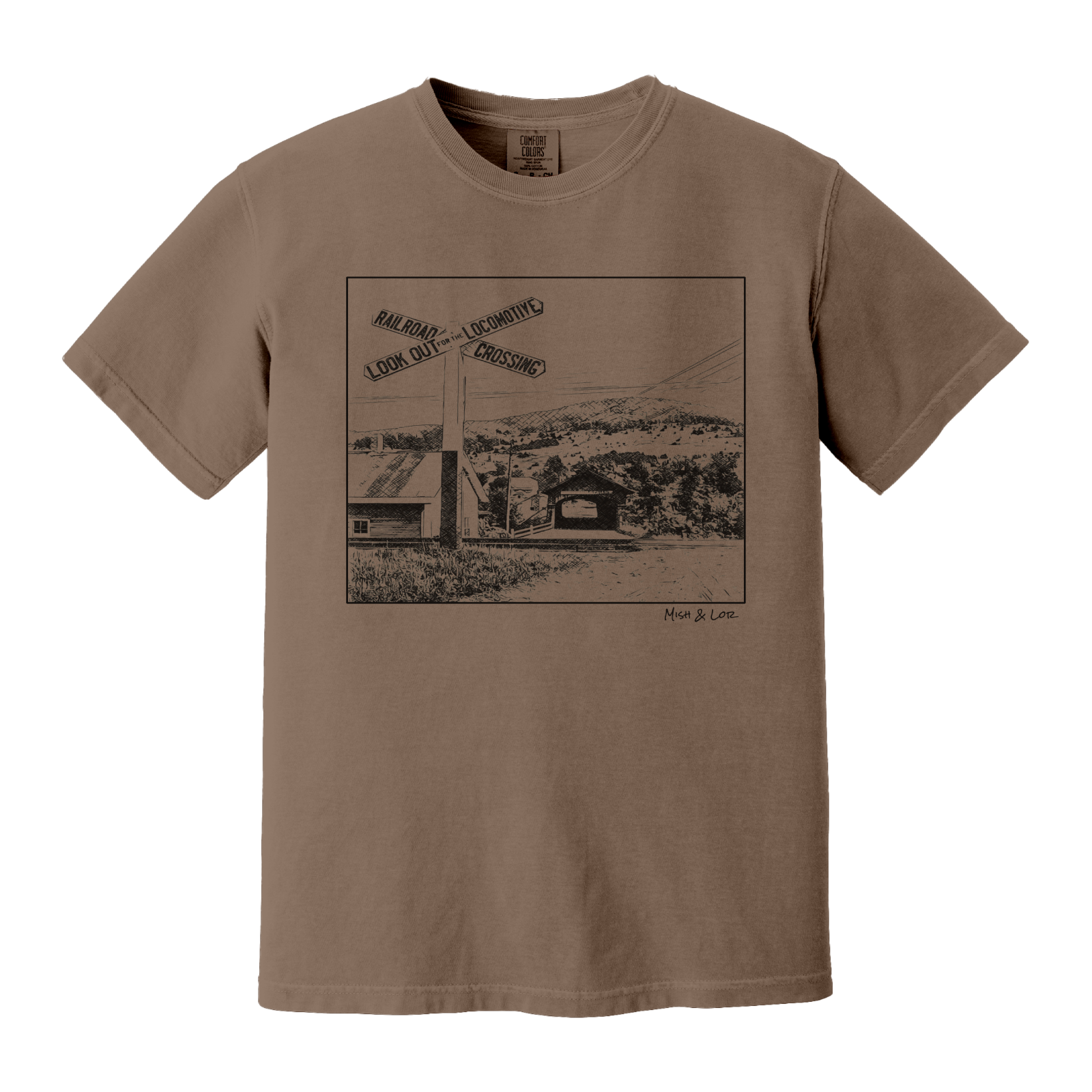 Front view of the Railroad Crossing cotton t-shirt in Espresso (brown), featuring a railroad crossing sign in front of a hillside covered bridge — a quiet Vermont scene.