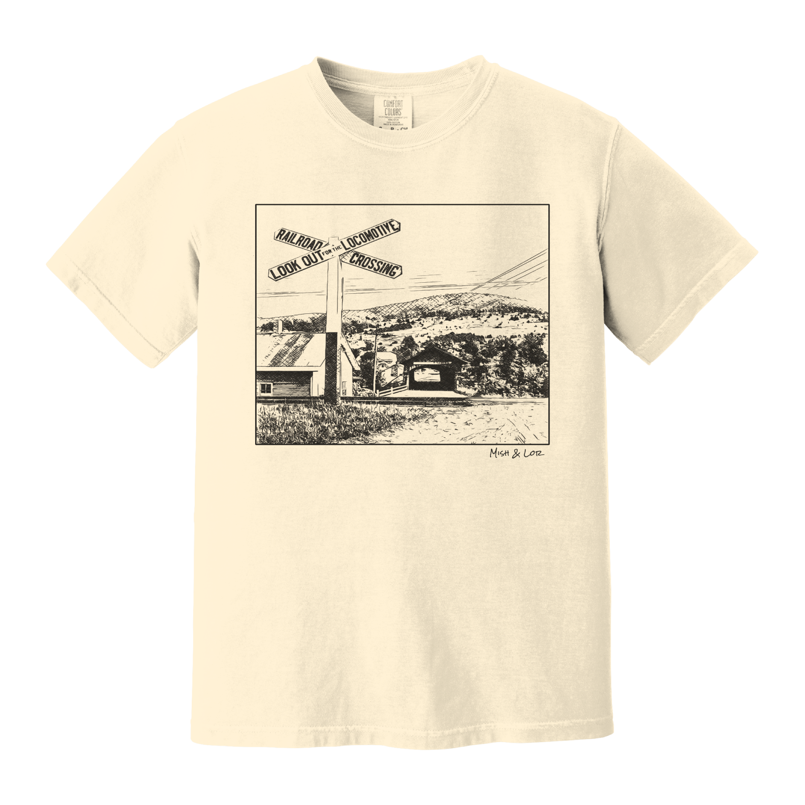 Front view of the Railroad Crossing cotton t-shirt in Ivory (cream), featuring a railroad crossing sign in front of a hillside covered bridge — a quiet Vermont scene