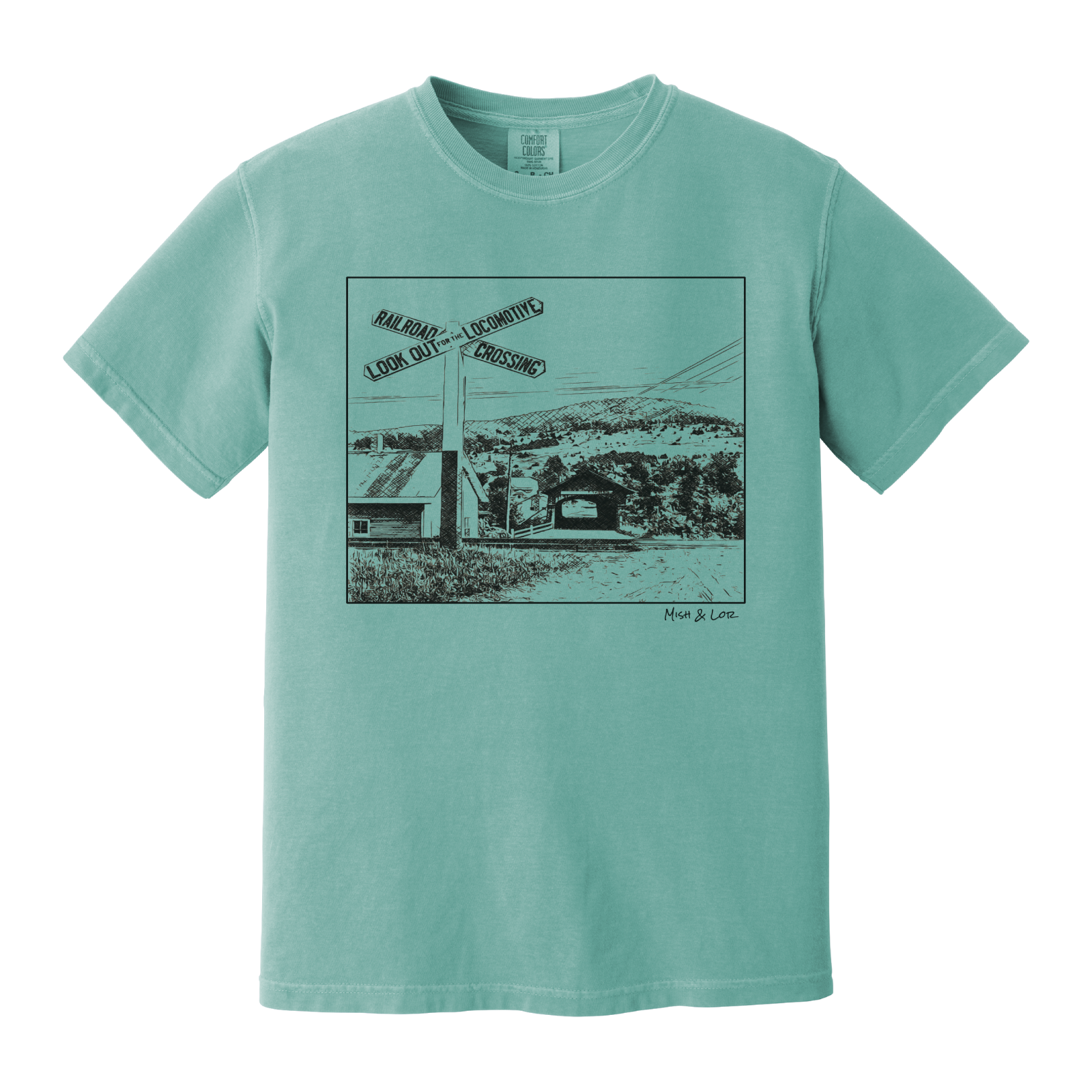 Front view of the Railroad Crossing cotton t-shirt in Seafoam (teal), featuring a railroad crossing sign in front of a hillside covered bridge — a quiet Vermont scene