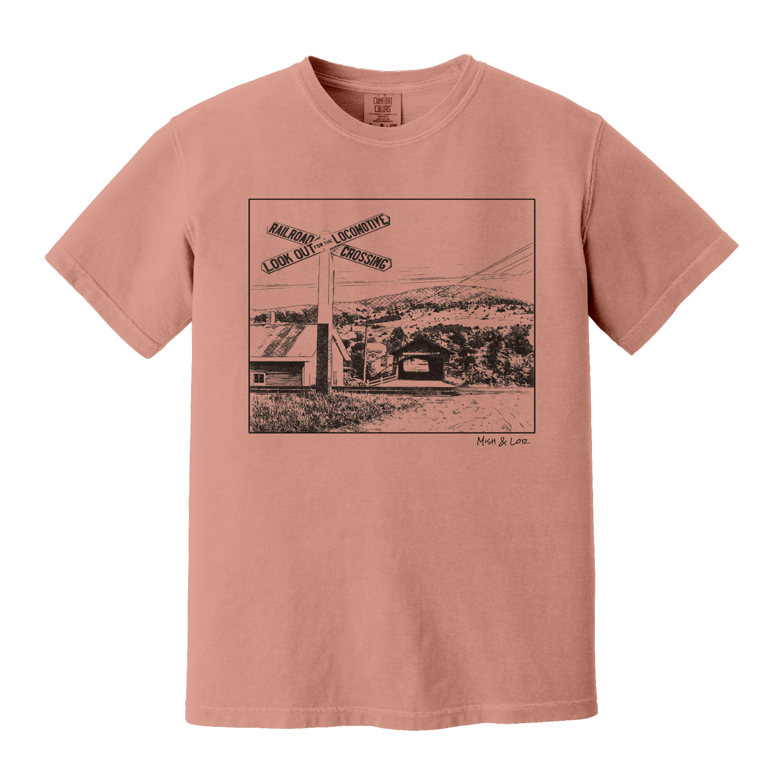 Front view of the Railroad Crossing cotton t-shirt in Terracotta (coral), featuring a railroad crossing sign in front of a hillside covered bridge — a quiet Vermont scene