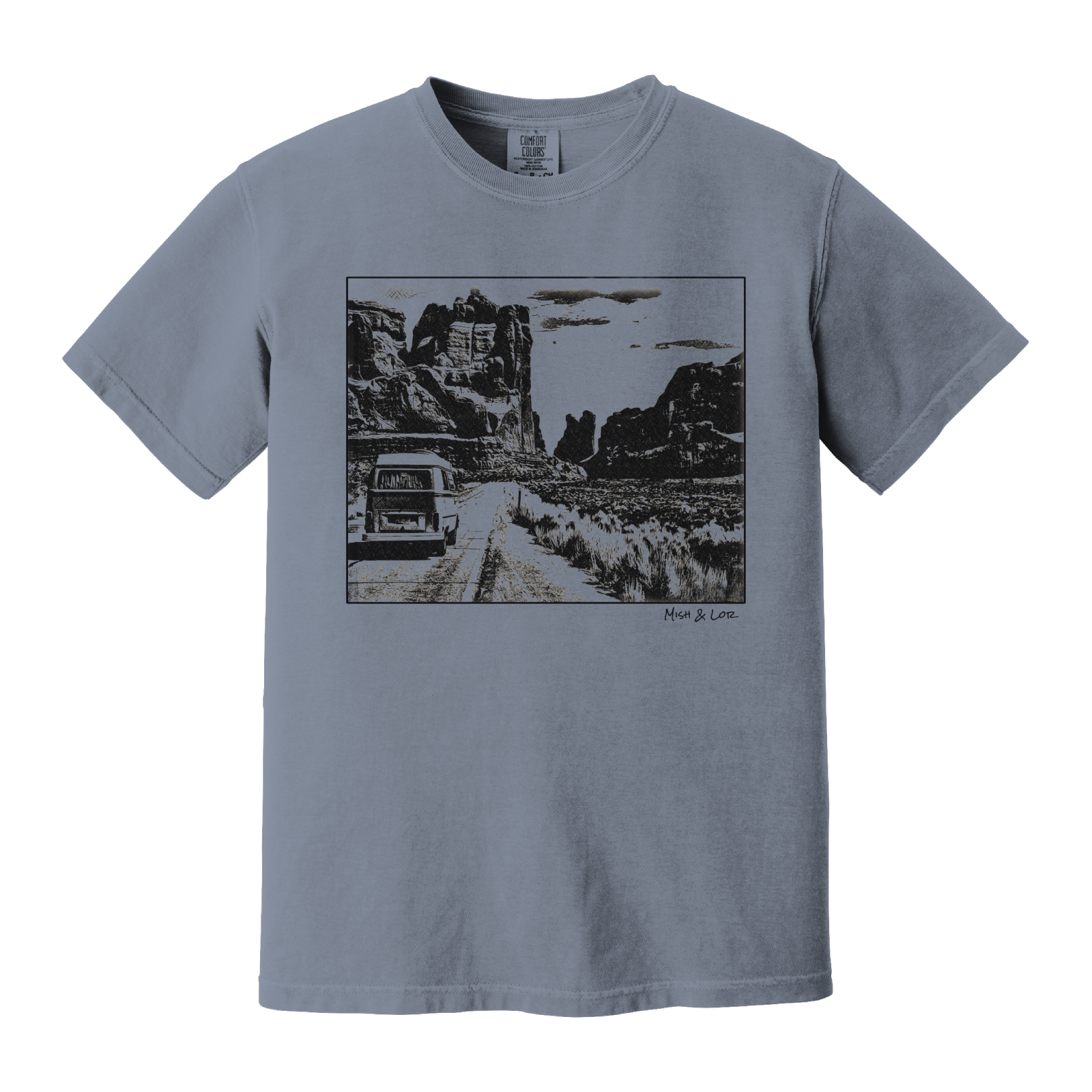 Front view of the Van Life t-shirt in Blue Jean (dusty blue), featuring a vintage van on an Arches National Park dirt road.