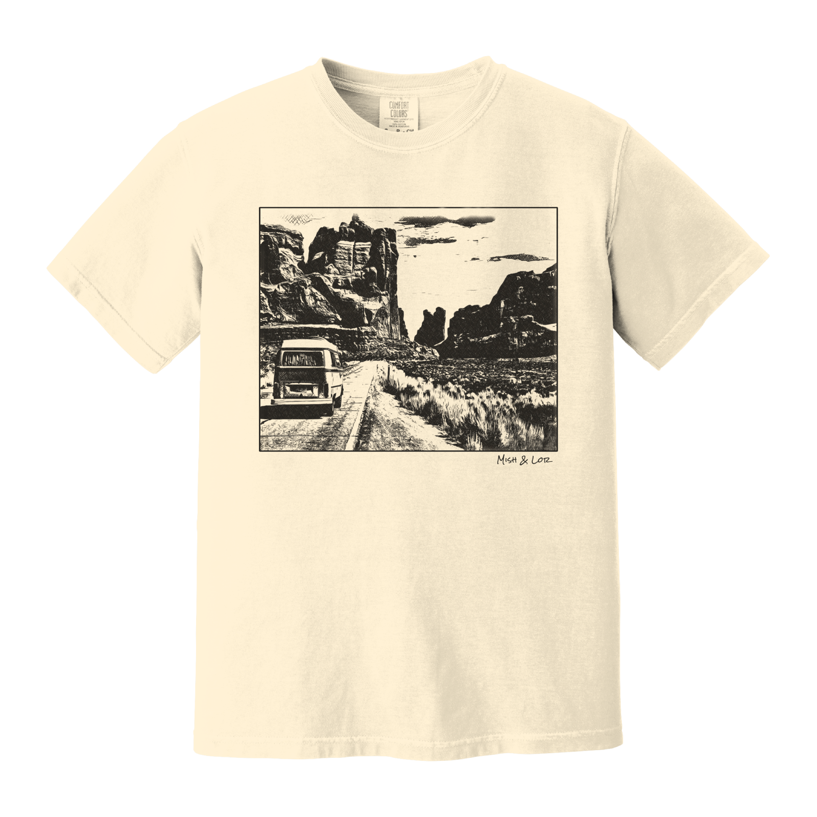 Front view of the Van Life t-shirt in Ivory (cream), featuring a vintage van on an Arches National Park dirt road.