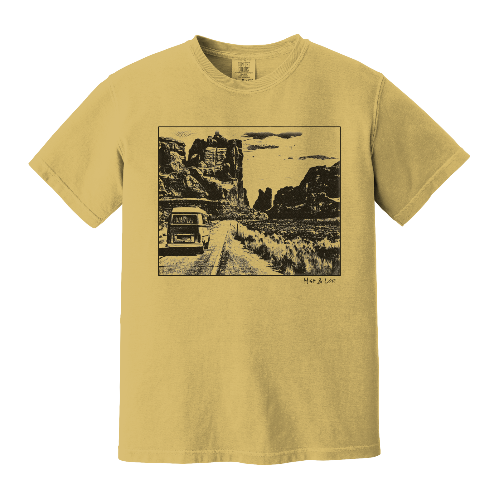 Front view of the Van Life t-shirt in Mustard (yellow), featuring a vintage van on an Arches National Park dirt road.