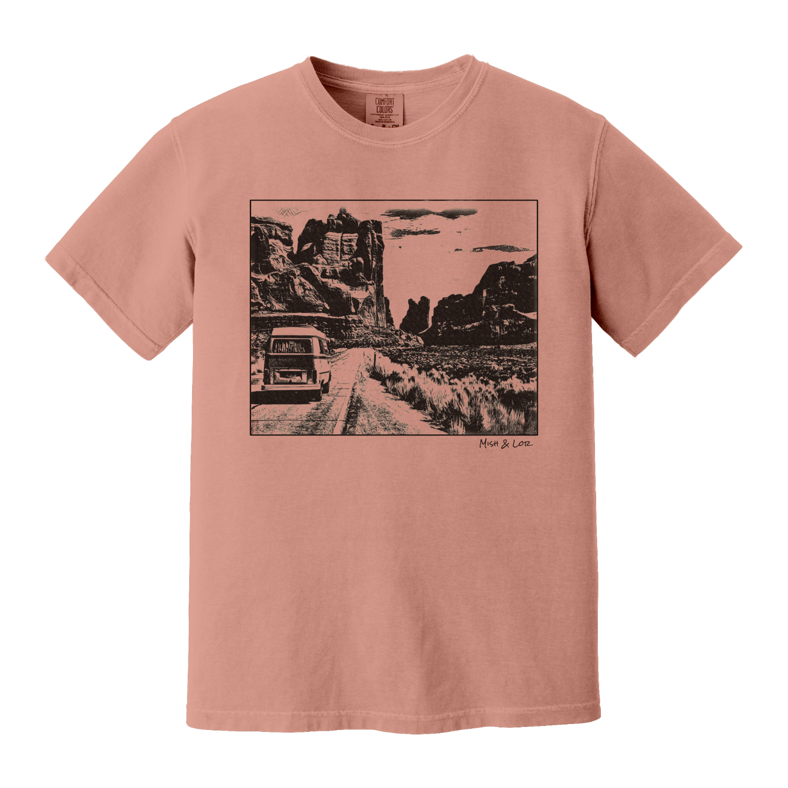 Front view of the Van Life t-shirt in Terracotta (coral), featuring a vintage van on an Arches National Park dirt road.